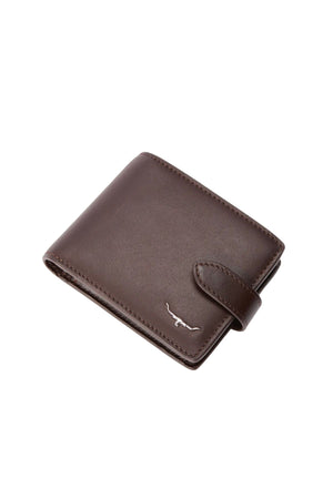 The RM Williams Wallet with Pocket & Tab is made from brown full-grain leather, features a press stud closure, and has a small silver bull emblem in one corner. Displayed against a white background.