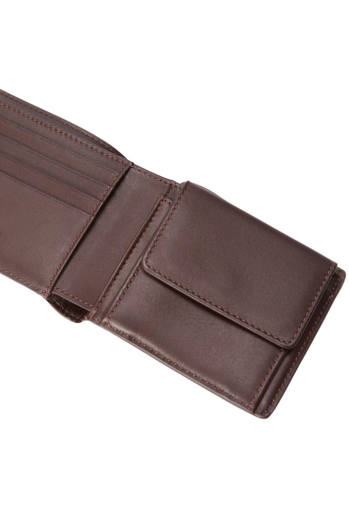 A close-up of the RM Williams Wallet with Pocket & Tab, crafted from full grain leather, featuring visible card slots, a coin pouch, and a secure press stud closure.
