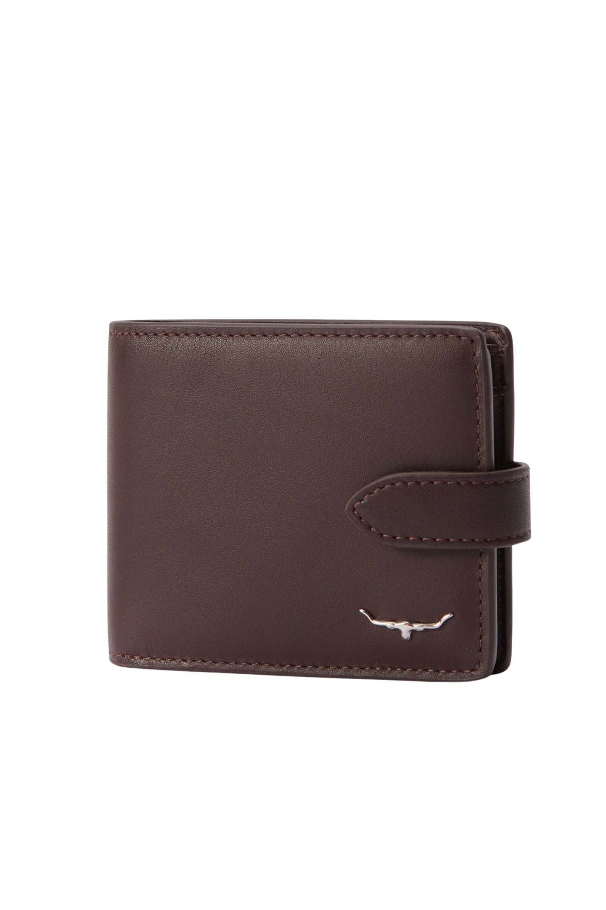 The RM Williams Wallet with Pocket & Tab, made of closed full grain leather, features a press stud closure and a small silver bull logo in the bottom right corner, shown against a white background.