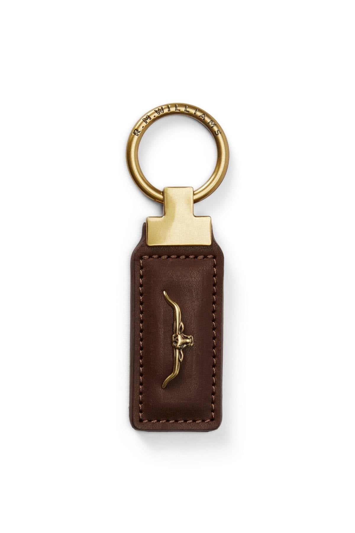 The RM Williams Angaston Key Fob is a brown leather keychain with a gold split ring, metal accent, and an embossed bow and arrow design.