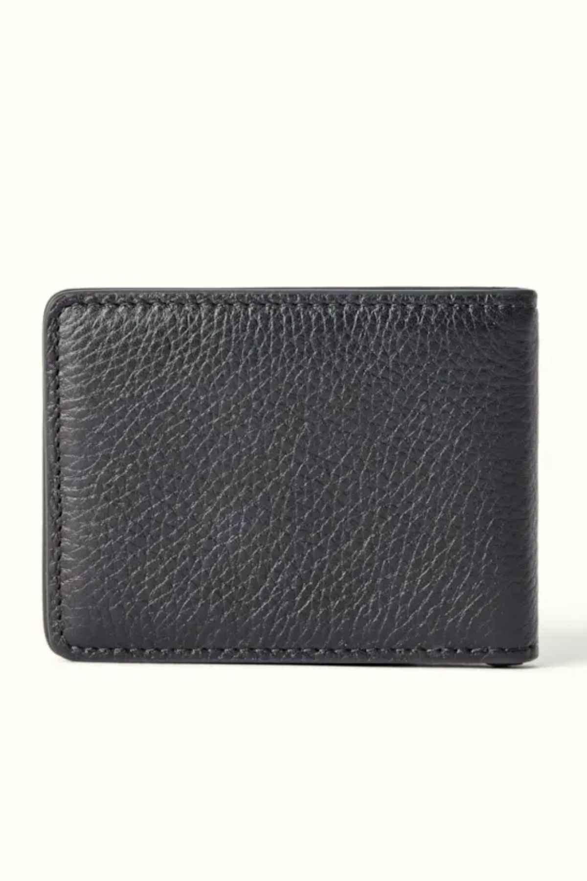 The RM Williams Farrier Bi Fold Wallet, crafted from black leather with a textured finish, boasts convenient card slots and is displayed closed against a plain background.
