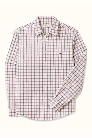 The RM Williams Classic Twill Check Shirt is a premium cotton long-sleeve shirt with a white base, red and blue plaid pattern, Australian Heritage inspiration, and a left chest pocket.