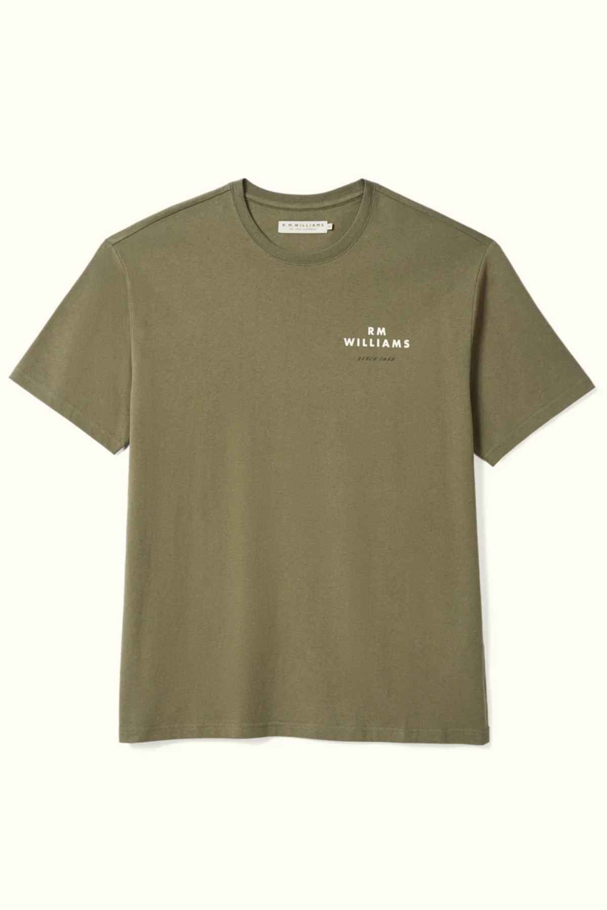 RM Williams Minimal Tee in the colour Military. Front angle of t shirt