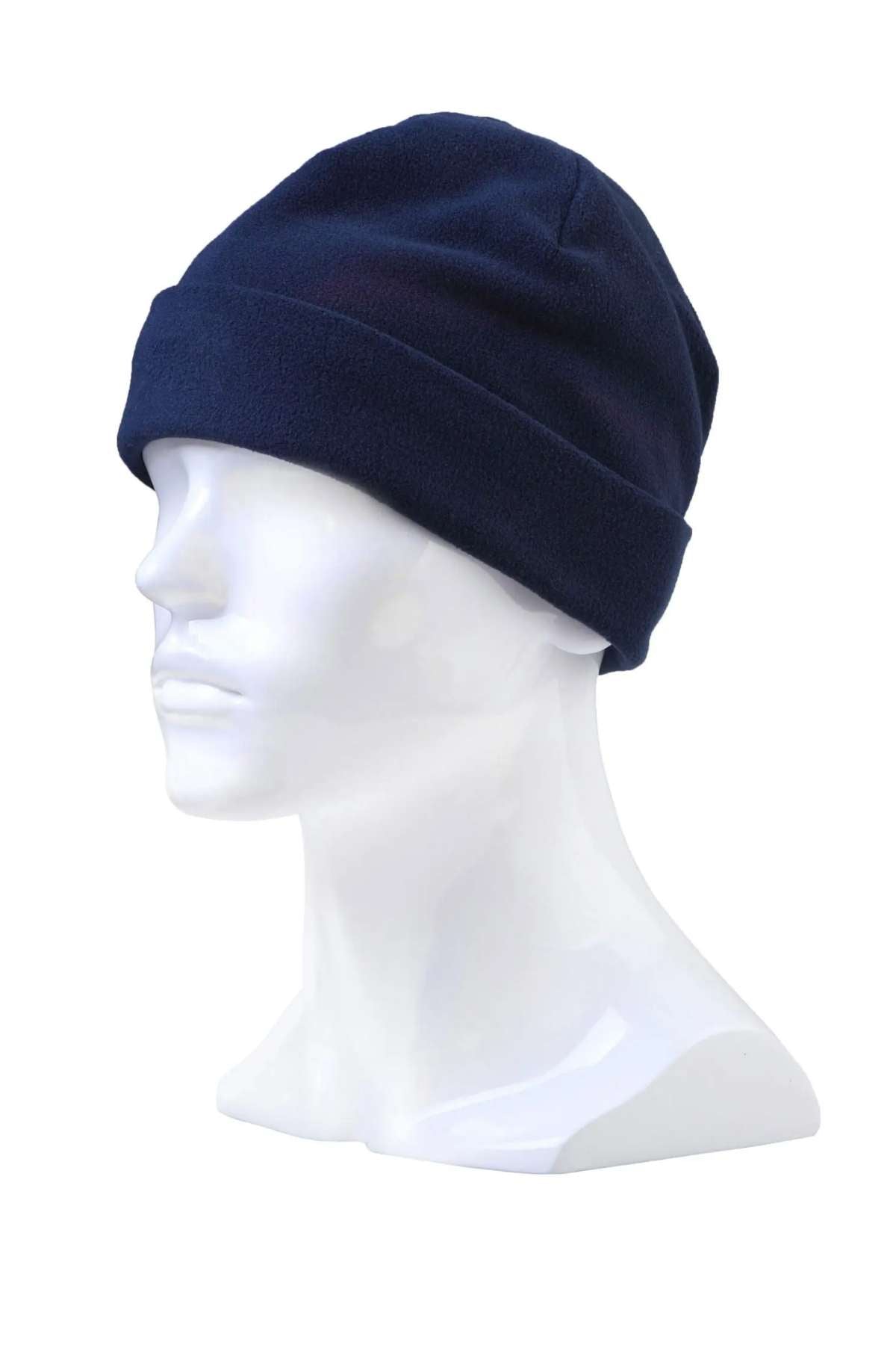 A side view of a white display mannequin head wearing a navy blue Rainbird Blizzard Plus beanie, isolated on a white background. The mannequin's smooth, featureless surface contrasts with the textured fabric of the beanie, which features Thinsulate insulation for extra warmth.
