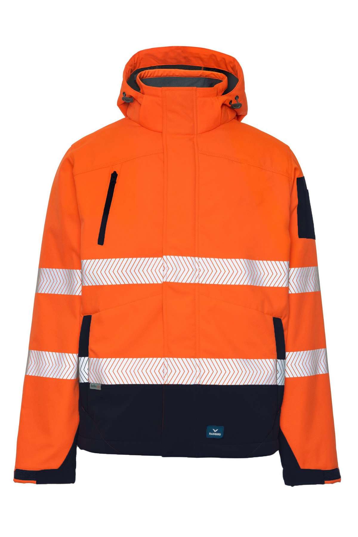 The Rainbird Hi Vis Jones Softshell Sherpa Lined Jacket is bright orange with reflective white stripes, a waterproof shell, hood, black trim on cuffs and hem, plus a zippered chest pocket for utility.