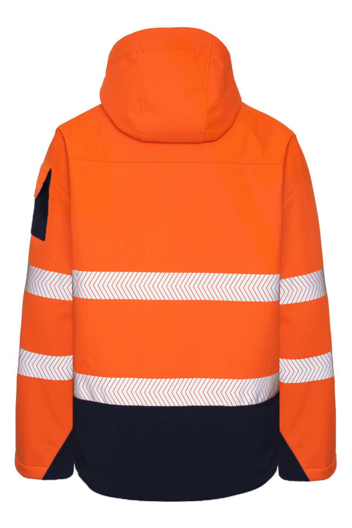 Back view of the Rainbird Hi Vis Jones Softshell Sherpa Lined Jacket with hood, featuring two horizontal reflective chevron stripes on back and sleeves, a dark patch on the left upper arm, and waterproof comfort for demanding conditions.