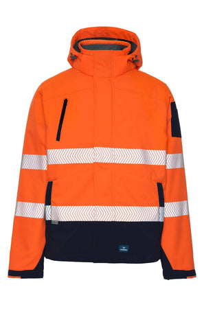 The Rainbird Hi Vis Jones Softshell Sherpa Lined Jacket is bright orange with reflective white stripes, a waterproof shell, hood, black trim on cuffs and hem, plus a zippered chest pocket for utility.