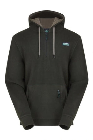 The Ridgeline Ballistic Fleece is a dark green hoodie pullover with warm fleece, a quarter-zip front, kangaroo pocket with zip section, small left chest logo patch, drawstrings, and ribbed cuffs for comfort.