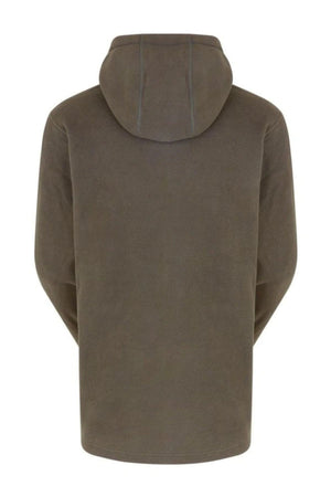 The Ridgeline Ballistic Fleece hoodie in dark olive green is displayed from the back against a white background, featuring long sleeves, a zip closure, and a seam running along the top of the hood.
