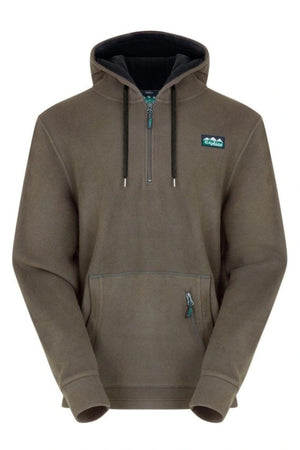 The Ridgeline Ballistic Fleece is a khaki thermal hoodie with a fleece pullover style, half-zip front, black drawstrings, chest logo patch, kangaroo pocket, and an extra zippered pocket on the lower right.