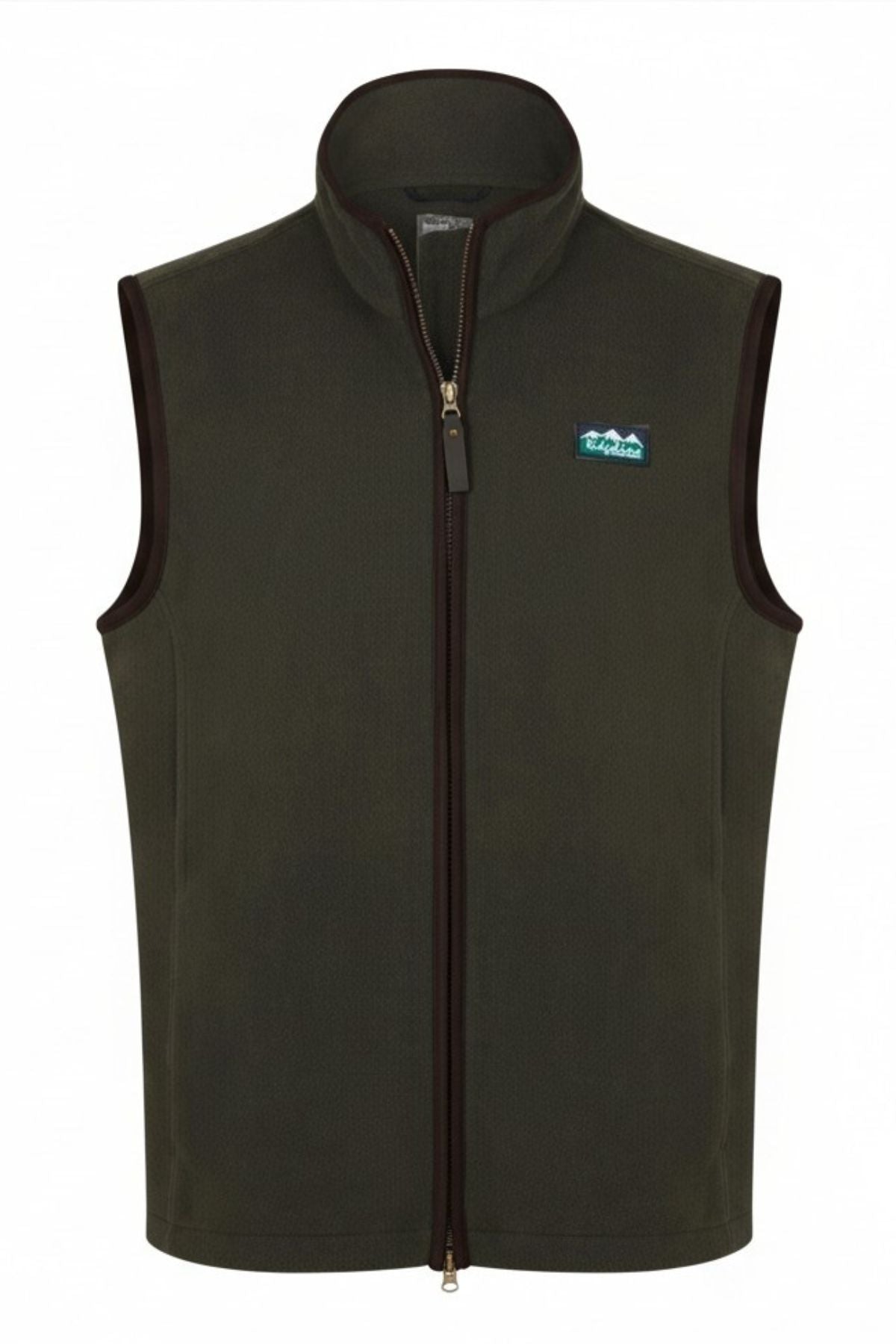 The Ridgeline Monarch Vest is dark green and sleeveless, featuring a full front zipper, high collar, small blue logo patch on the left chest, and dark brown trim on the collar, zipper, and armholes.