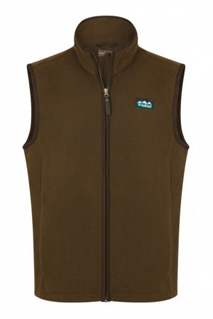 The Ridgeline Monarch Vest is a brown fleece zip-up gilet with a high collar and sleeveless design. It features a small blue and green mountain patch with text on the left chest, perfect for outdoor wear.