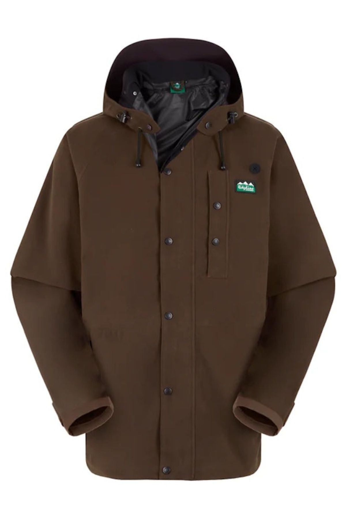 The Ridgeline Monsoon Classic Jacket is a brown, breathable outdoor jacket with an adjustable hood, button and zipper closures, chest and side pockets, plus a small green logo patch on the chest.