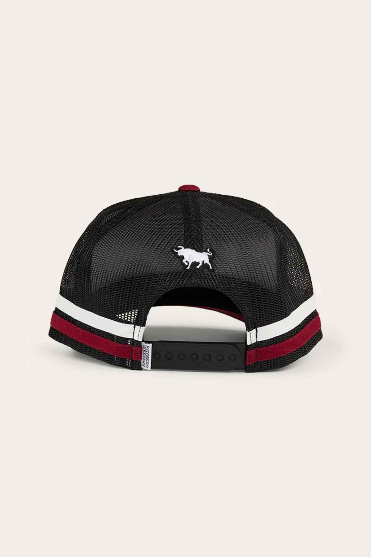 The Ringers Western Banks Trucker Cap features a resilient cotton twill design with a white horse emblem on the back. It includes bold black and red stripes and an adjustable snapback closure to ensure a perfect fit.