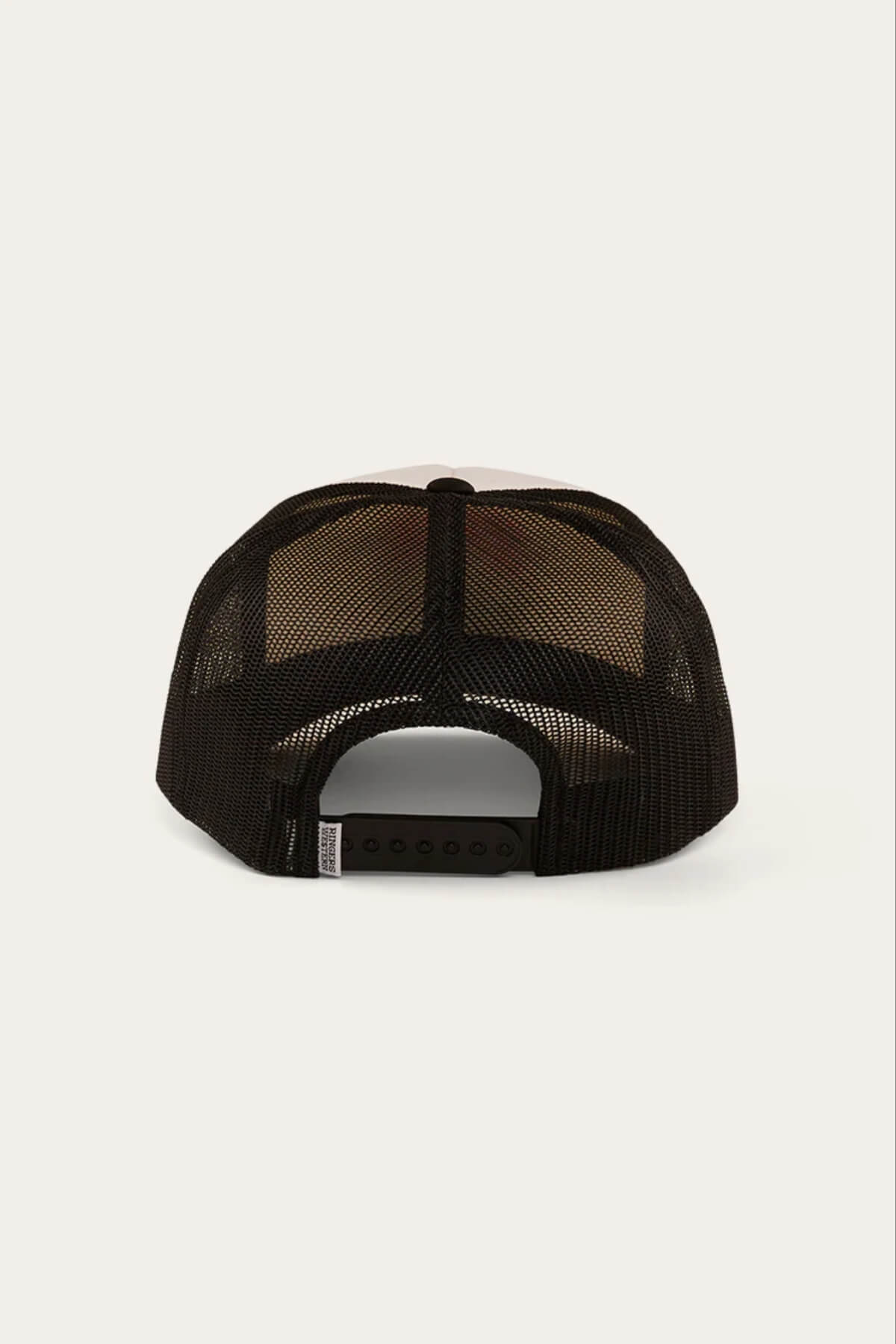 The Ringers Western Bout A Truck Trucker hat in black is shown from the back, featuring a breathable mesh design, adjustable snapback closure, and curved brim.
