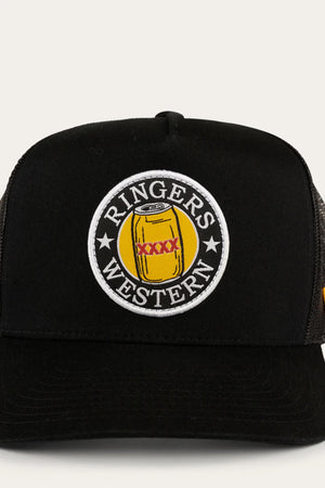 The Ringers Western Can Trucker cap includes a black twill front with an off-white patch showcasing a yellow can and red "XXXX" text, encircled by "Ringers Western." Its poly mesh back ensures breathability for all-day comfort.