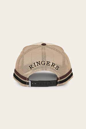 The Ringers Western Country Club Deep Fit Trucker Cap features beige mesh, a black adjustable snapback with two dark stripes, and "RINGERS" embroidered in black above the back opening, combining comfort and classic country style.