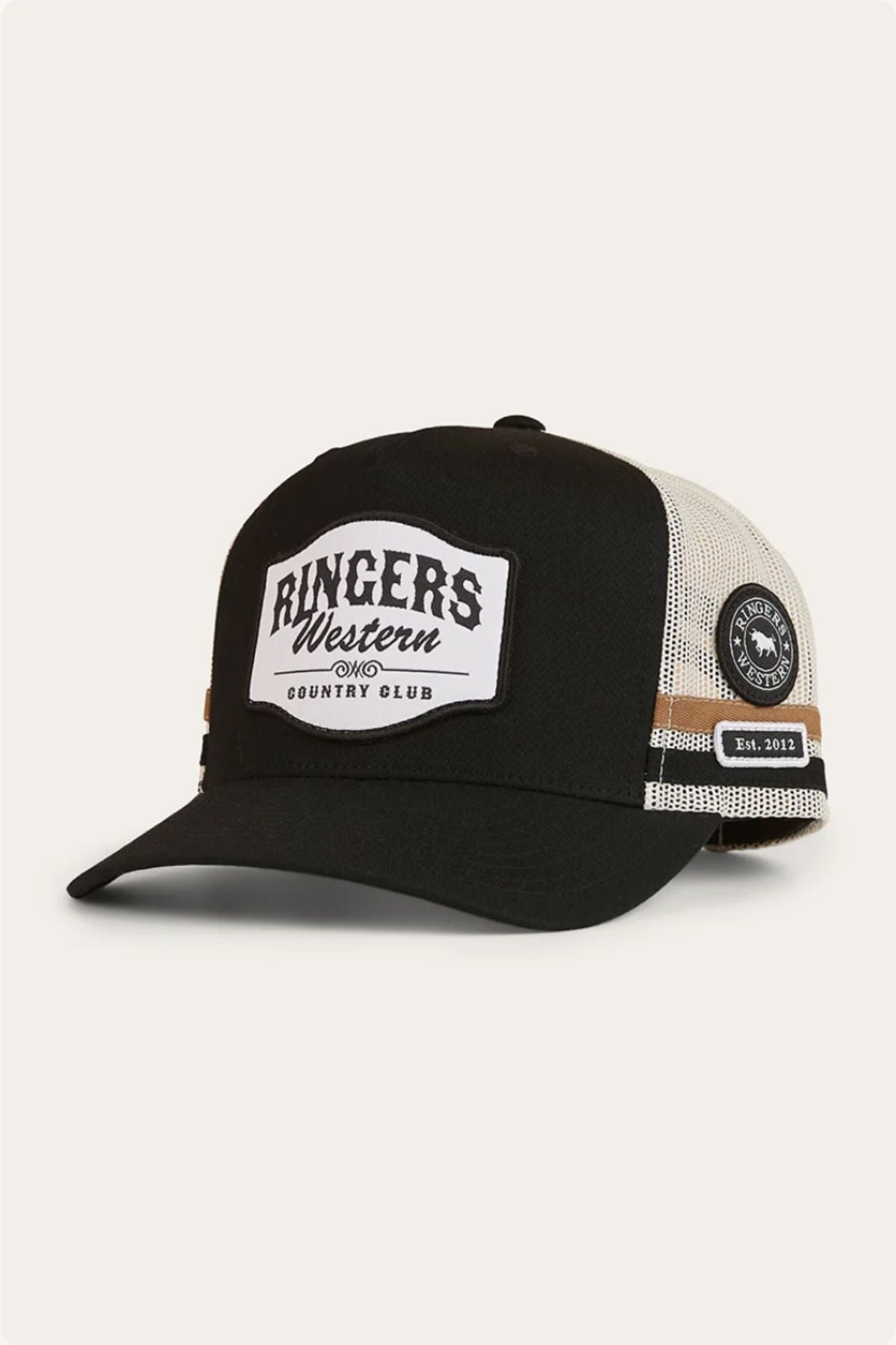 The Ringers Western Country Club Deep Fit Trucker Cap features a black and white cotton twill design with a curved brim, front "Ringer's Western Country Club" patch, round logo patch, and "Est. 2012" label on the side brown stripe.