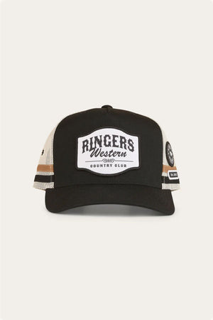 The Ringers Western Country Club Deep Fit Trucker Cap features a black and white design, mesh back, front patch reading "Ringer's Western Country Club," brown and white side stripes, and a round left-side logo.