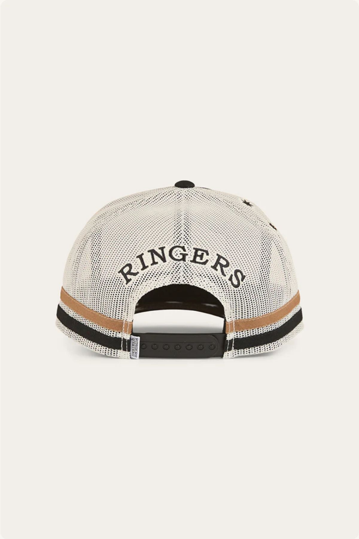 The Ringers Western Country Club Deep Fit Trucker Cap features "RINGERS" embroidered above the snap closure and black and brown stripes on the lower edge, offering a modern update to the classic trucker cap style.