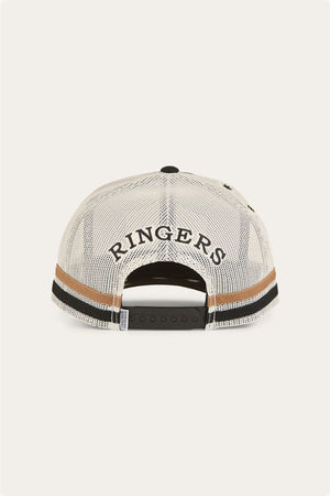 The Ringers Western Country Club Deep Fit Trucker Cap features "RINGERS" embroidered above the snap closure and black and brown stripes on the lower edge, offering a modern update to the classic trucker cap style.
