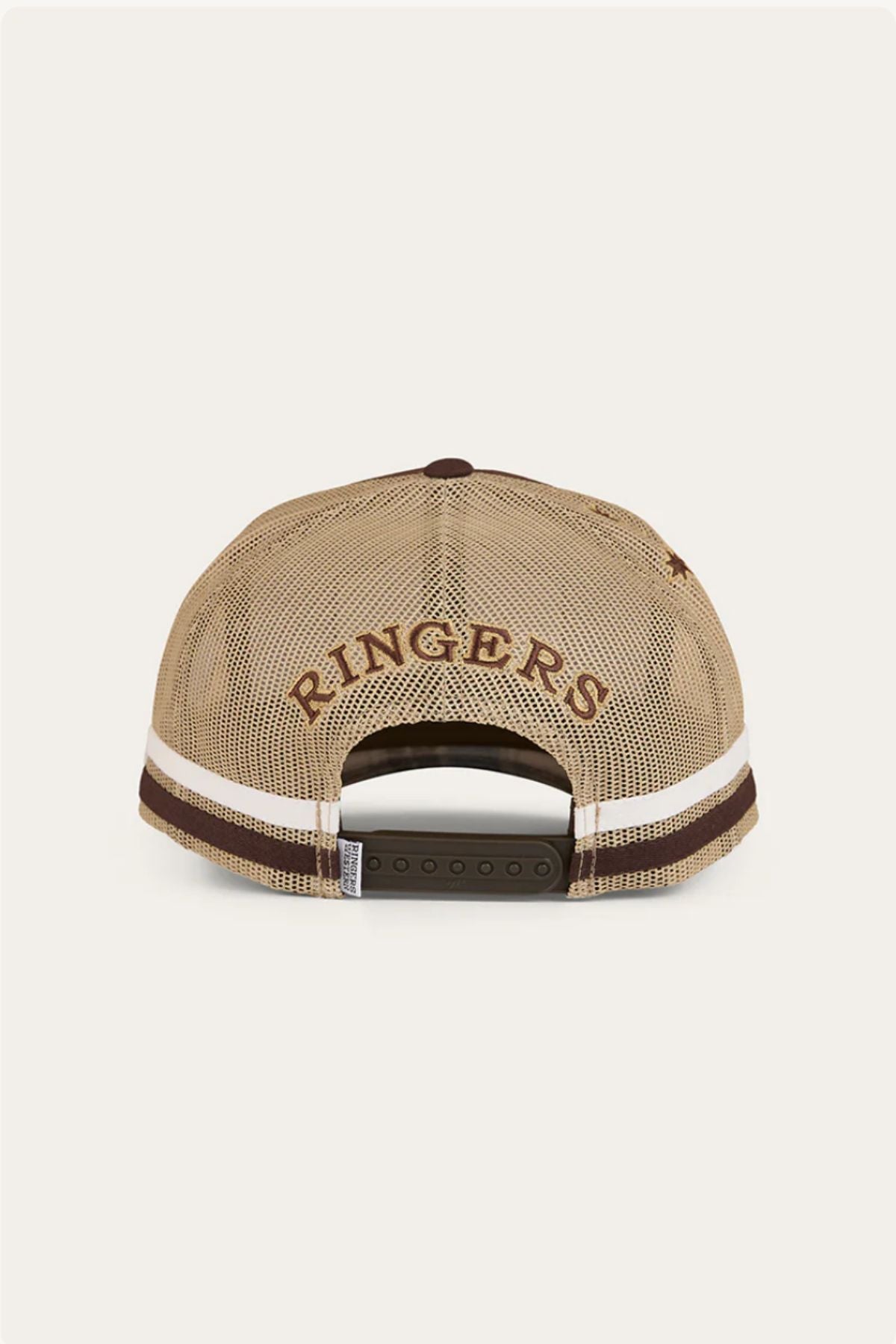 The Ringers Western Country Club Deep Fit Trucker Cap features tan and brown mesh, "RINGERS" embroidered above the adjustable snapback, and offers a relaxed country style look.