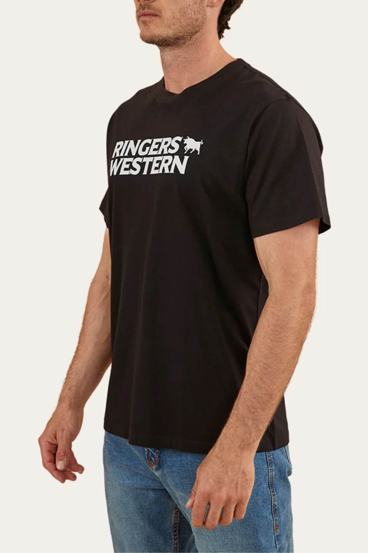 A man wearing a Ringers Western Hastings Loose Fit T-Shirt in black.