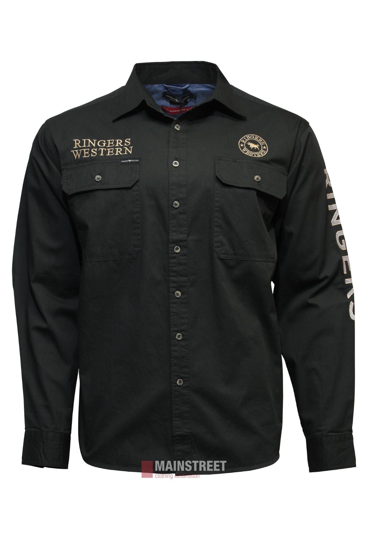 The Ringers Western Hawkeye Embroidered Shirt is a black, long-sleeve cotton top with two chest pockets, “RINGERS WESTERN” on the left chest and right sleeve, plus a circular logo patch on the right chest for stylish comfort.