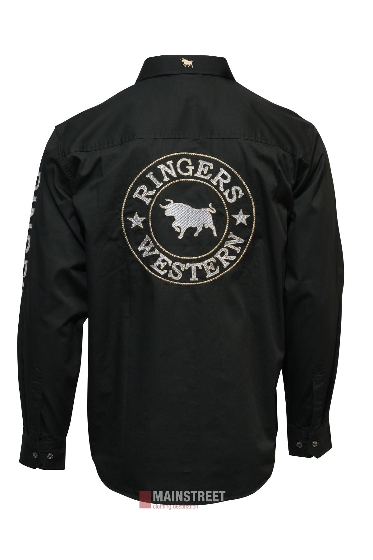 Black long-sleeve Ringers Western Hawkeye Embroidered Shirt shown from the back, featuring a large circular RINGERS WESTERN bull logo, a small bull icon near the collar, and vertical text on the right cotton sleeve.