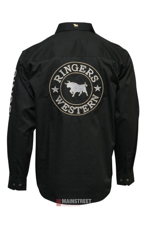 Black long-sleeve Ringers Western Hawkeye Embroidered Shirt shown from the back, featuring a large circular RINGERS WESTERN bull logo, a small bull icon near the collar, and vertical text on the right cotton sleeve.