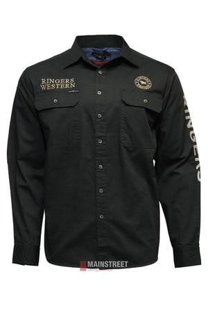 The Ringers Western Hawkeye Embroidered Shirt is a black, long-sleeve cotton top with two chest pockets, “RINGERS WESTERN” on the left chest and right sleeve, plus a circular logo patch on the right chest for stylish comfort.