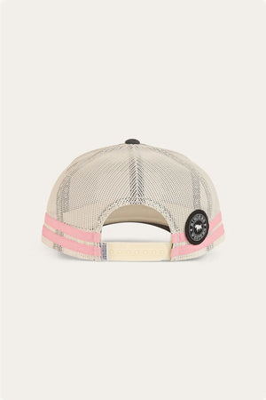 The Ringers Western Hometown Trucker Cap is shown from behind, with light beige mesh, pink stripes, an adjustable snapback closure, and a round black patch on the right side.