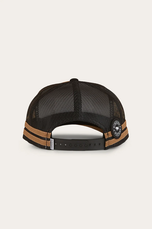 The Ringers Western Hometown Trucker Cap is shown from the back in black mesh, featuring an adjustable snapback closure, two tan horizontal stripes, and a round patch near the closure.