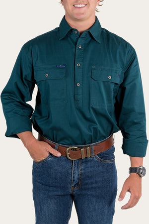 A person wears a dark green Ringers Western King River Half Button Shirt (100% cotton, two chest pockets), blue jeans, a brown belt, and a wristwatch, shown from shoulders to hips.