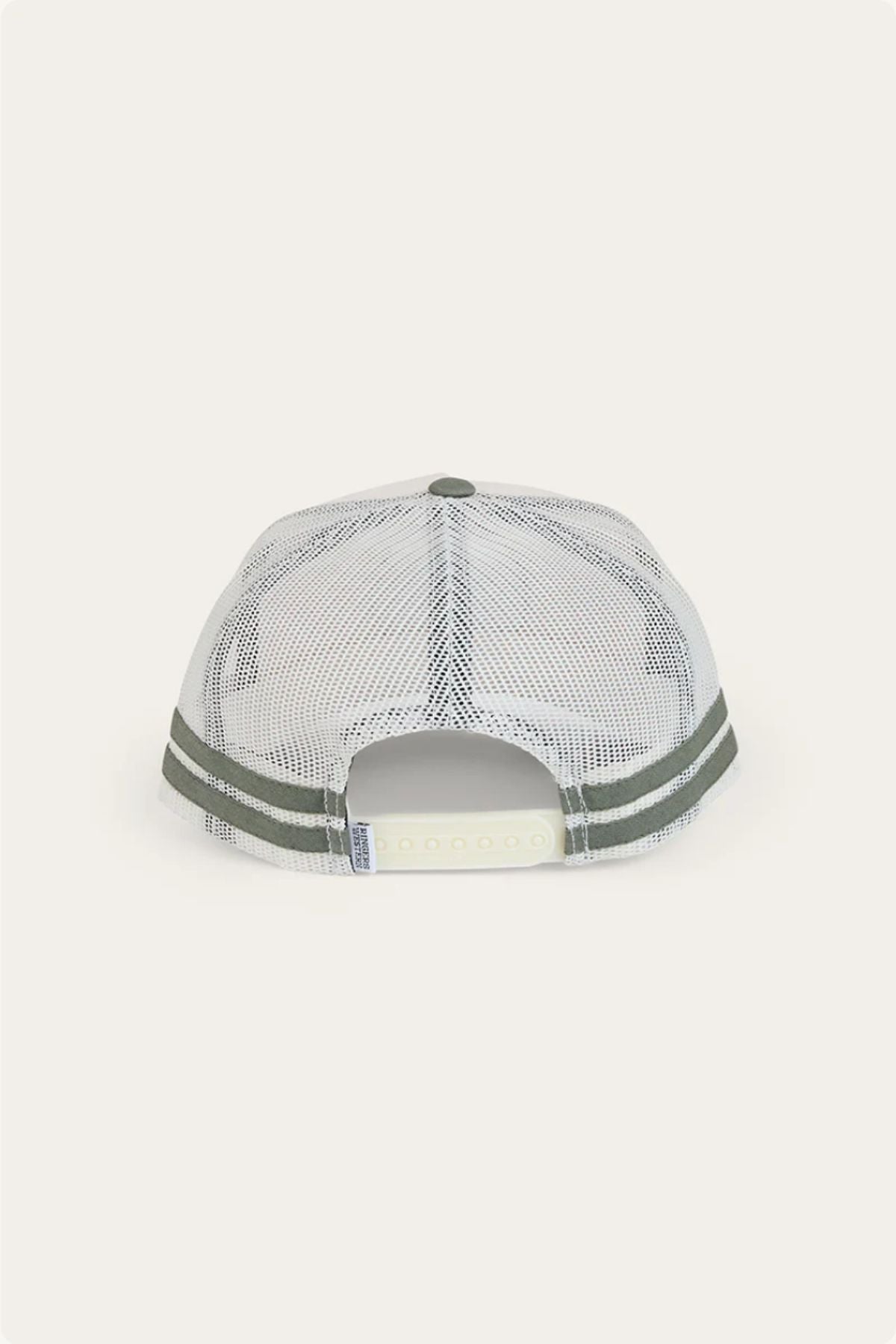 The Ringers Western McCoy Trucker Cap is shown from the rear, featuring a mesh back, adjustable snapback closure, two green stripes near the bottom edge, and durable cotton twill construction.