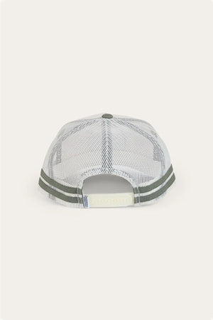 The Ringers Western McCoy Trucker Cap is shown from the rear, featuring a mesh back, adjustable snapback closure, two green stripes near the bottom edge, and durable cotton twill construction.