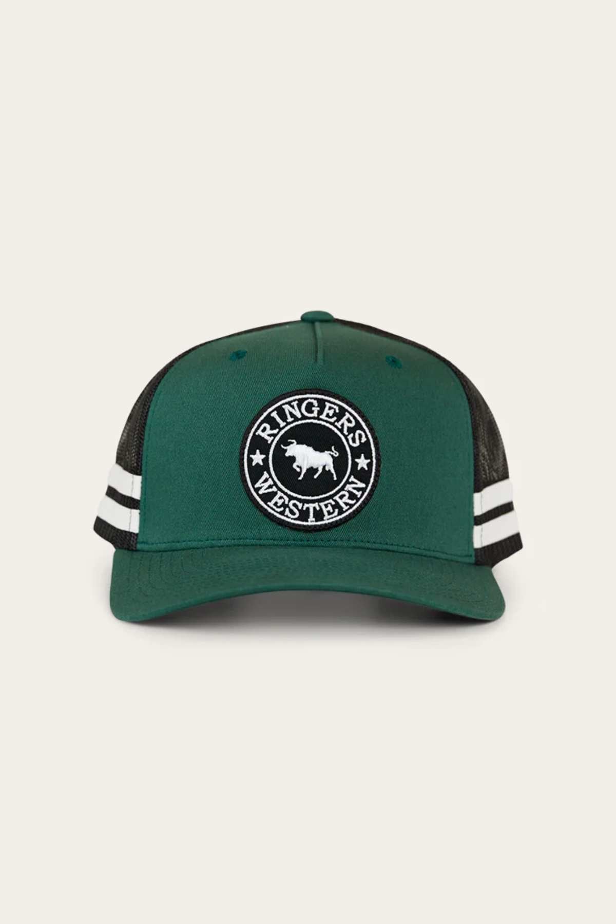 The Ringers Western McCoy Trucker Cap is a green and black trucker hat made from durable cotton twill, featuring white side stripes and a front circular patch with "Ringers Western" and a bull image.