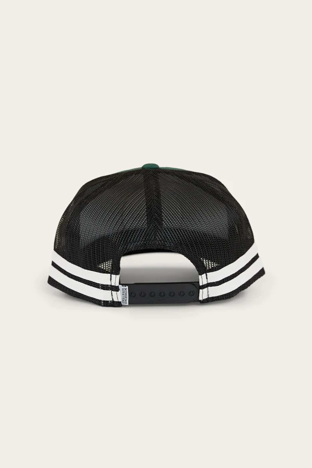 Back view of Ringers Western McCoy black mesh trucker cap with a snapback closure, featuring two white stripes across the base above the closure.