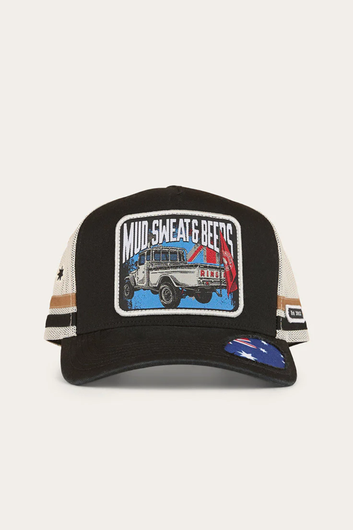 The Ringers Western Mud Sweat Beers Deep Fit Trucker Cap is black and white with a patch of an off-road vehicle, red flag, and "MUD, SWEAT & BEERS." It features mesh sides, star brim detail, and an adjustable snapback closure.