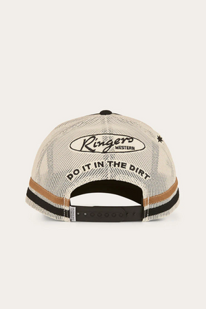 The Ringers Western Mud Sweat Beers Deep Fit Trucker Cap in beige is shown from the back, displaying "Ringers Western" and "Do it in the dirt" above its adjustable snapback strap.