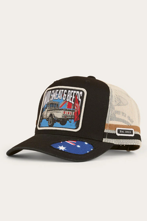 The Ringers Western Mud Sweat Beers Deep Fit Trucker Cap features a mesh back, “Dirt, Sweat & Beers” patch with 4WD graphic and red flag, Australian flag brim, "Est. 2011" side patch, and an adjustable snapback for comfort.