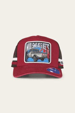 The Ringers Western Mud Sweat Beers Deep Fit Trucker Cap is a red and black cotton twill trucker cap with white side stripes, a blue brim sticker, and a patch featuring an off-road vehicle and "MUD, SWEAT & BEERS.