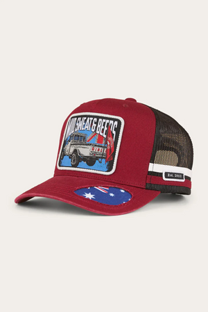 The Ringers Western Mud Sweat Beers Deep Fit Trucker Cap features a maroon and black design, mesh back, front patch with an off-road vehicle and "BULL, SWEAT & BEERS," plus "Est. 2012" on the side.
