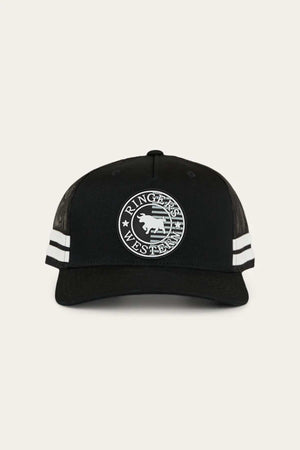 Introducing the Ringers Western Signature Bull Flag Trucker Cap: a black trucker cap showcasing the iconic Ringers Western logo on the front, complete with a circular emblem featuring a bull. Designed for breathability, it has a mesh back, two white stripes flanking the emblem, and an adjustable snapback closure for a perfect fit.