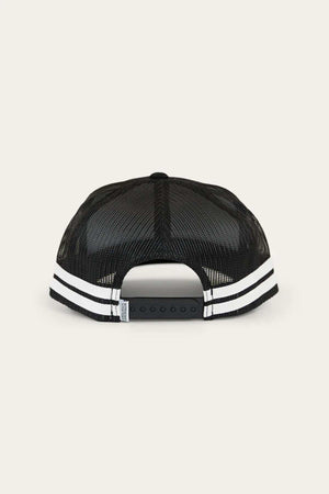 The Ringers Western Signature Bull Flag Trucker Cap, in black mesh, is viewed from the back. The hat features two white horizontal stripes near the base, a Signature Bull Flag emblem, and an adjustable snapback closure.