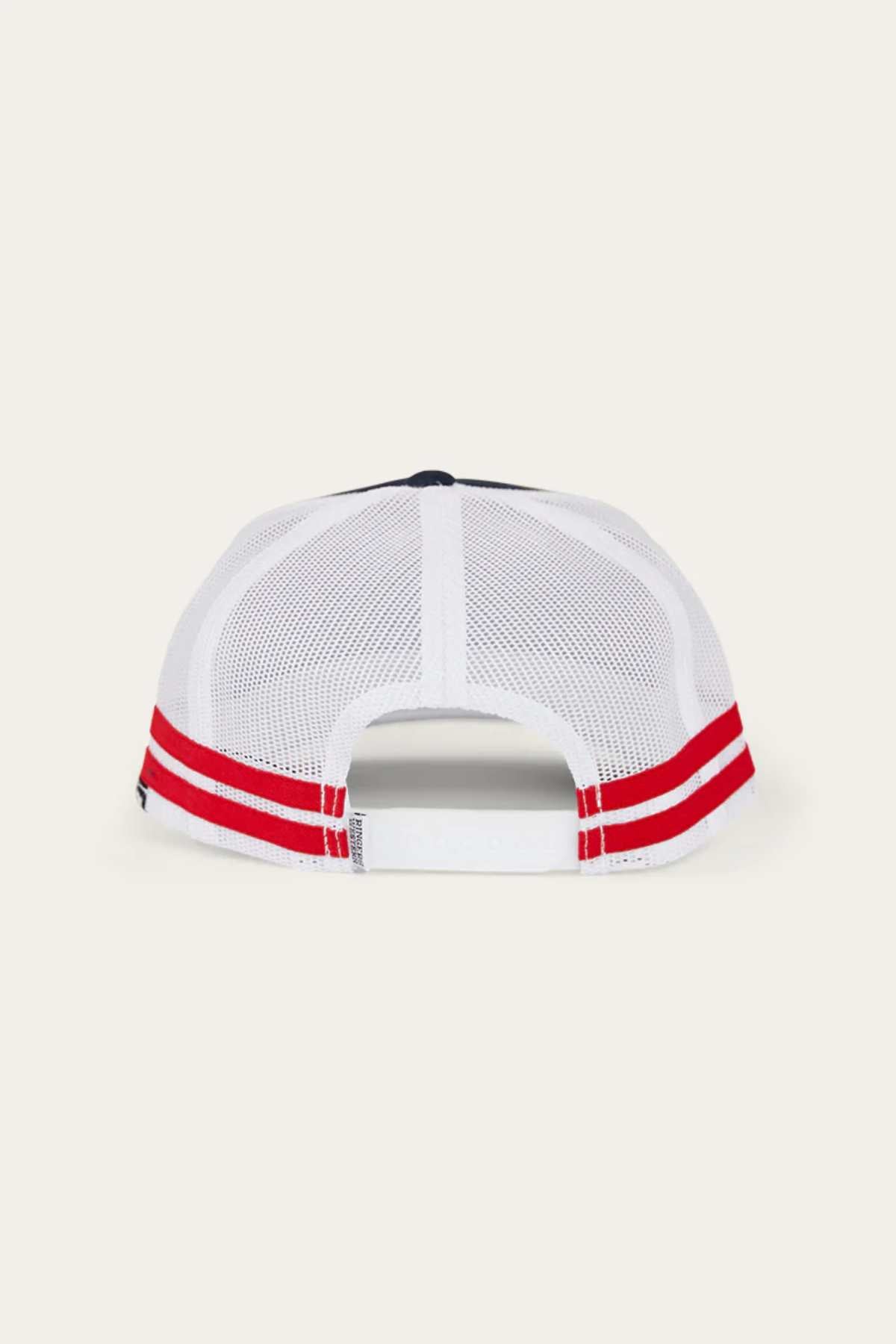 The Ringers Western Signature Bull Flag Trucker Cap is shown from behind, with a white mesh back, two red parallel stripes, and an adjustable white snapback closure.