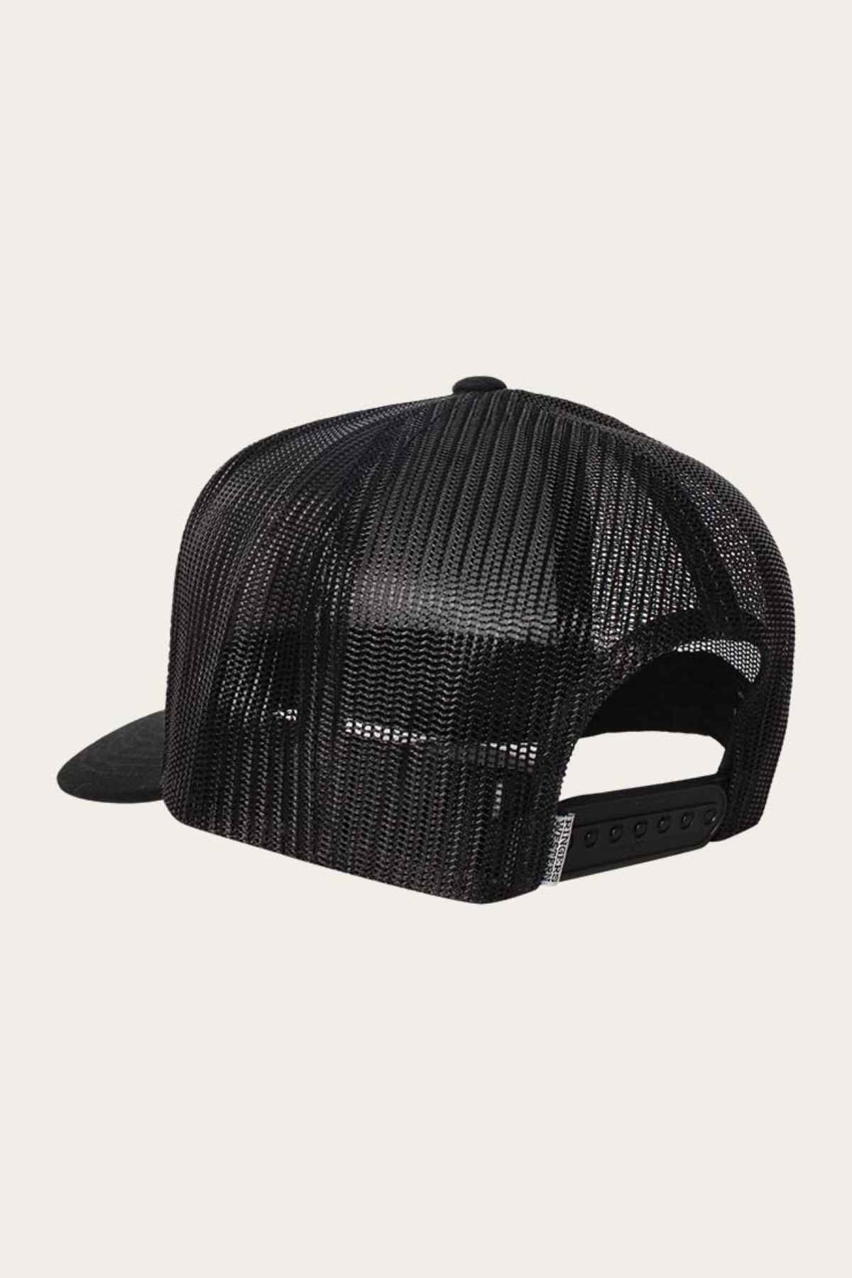 The Ringers Western Signature Bull Trucker Cap in black showcases a mesh back and adjustable snapback closure, viewed from the rear.