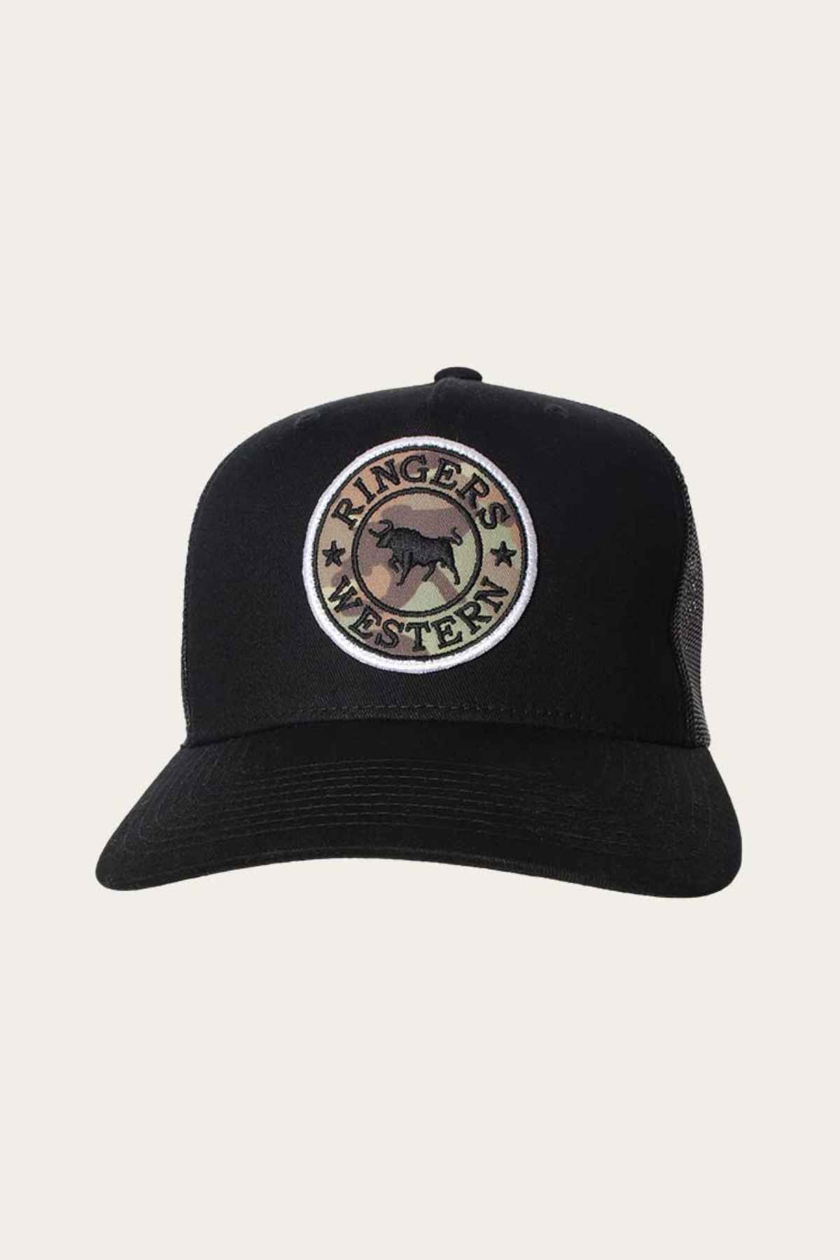 The Ringers Western Signature Bull Trucker Cap, made from durable black cotton twill, boasts a circular patch on the front. This patch features a horse silhouette surrounded by "Ringers Western" and stars. The cap also includes a mesh back and flat brim for a stylish yet breathable design.