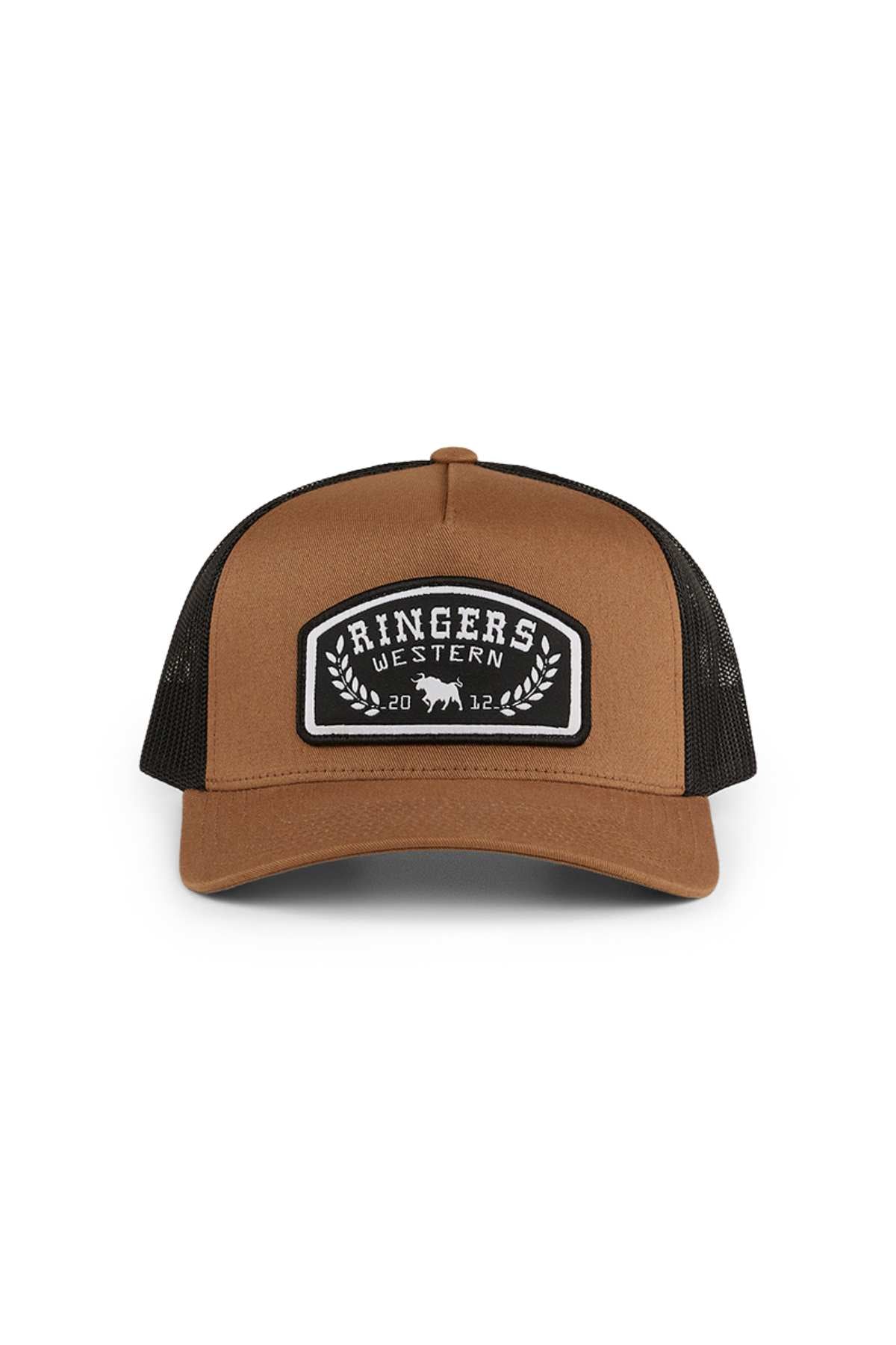 The Ringers Western Wheatbelt Trucker Cap is a brown and black cap with a mesh back, featuring a black and white patch with "Ringers Western," cattle silhouettes, and "2012." Made of durable cotton twill for lasting style.