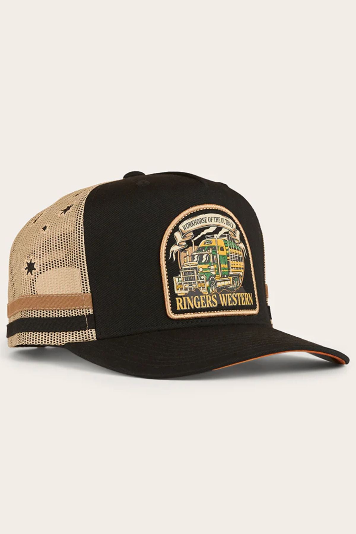 The Ringers Western Workhorse Trucker Cap is black and beige with mesh sides, a vibrant truck patch reading "WORKHORSE OF THE OUTBACK RINGERS WESTERN," star accents on the mesh, and an adjustable snapback for the ideal fit.